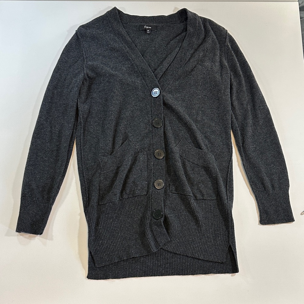 Express Dark Gray Button-Up Cardigan with Pockets Size M